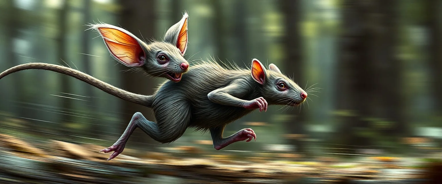 rat gremlin elf halfling pixie fast runner, airbrush and pen outline, realistic 3d rendering with high contrast motion blur forest background