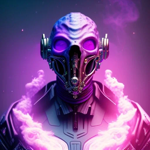 full body apocalyptic purple masked villain in galaxy, teal and purple smoke, detailed, realistic, 4k