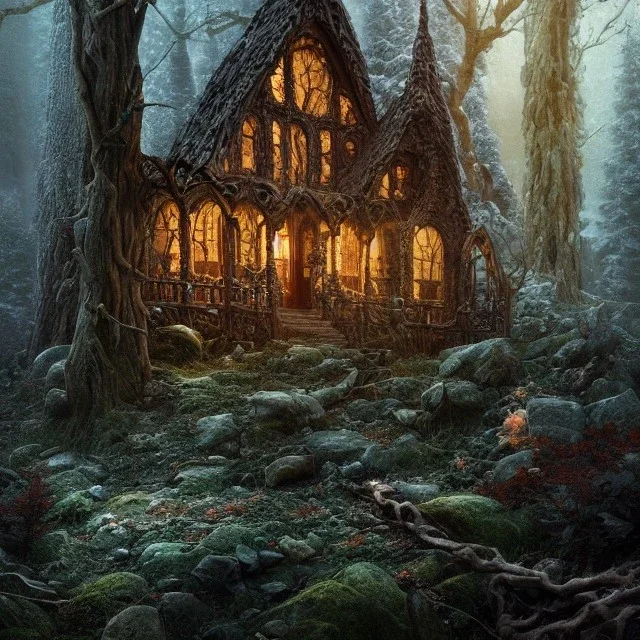 the most stunning, intricate witch house made of crushed rock candy, frosting, gingerbread, in a gloomy forest, high-quality, ultrafine-detail, 8k resolution, 3d octane render, digital art, detailed matte, close up, George Grie, Anne Dittman, Anne Stokes, Lisa Parker, Selina French