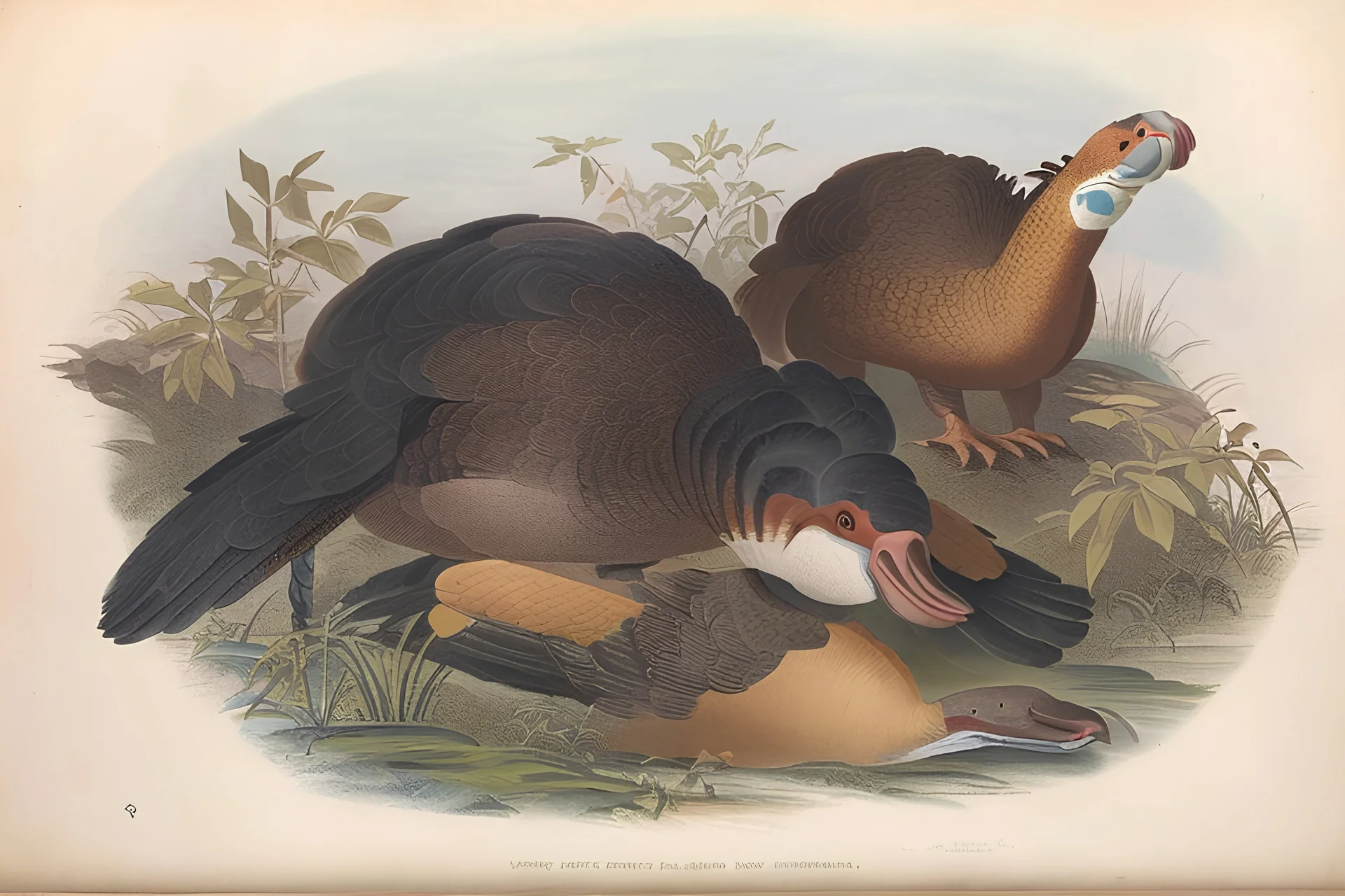 John James Audubon-like illustration of a fully uncropped Dodo bird and a Platypus in a chinoiserie landscape of warm yellows, warm reds, and warm blues