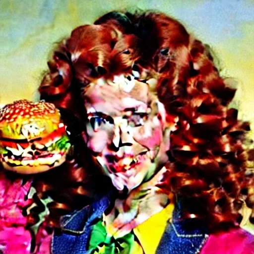 Young Robyn Lively with a beautiful and highly detailed face holding a lisa frank mcdonalds hamburger, modern American; by Daniel Gerhartz, phil noto, sienkiewicz, mucha, jim lee, manara; hyper-detailed, hyper-realistic, sharp focus; symmetrical face; textured shading, subtractive lighting, Unreal Engine, sharp focus