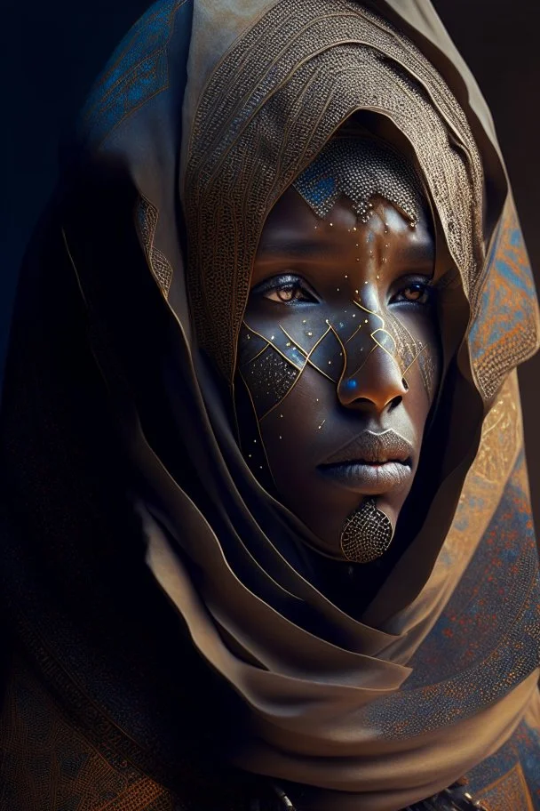 portrait of a tuareg woman, fractal, intricate, elegant, highly detailed, digital photography, subsurface scattering, cinematic lighting, by jheronimus bosch and james jean and greg rutkowski