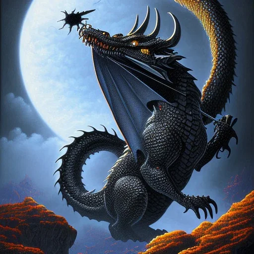 mdjrny-v4 style, highly detailed illustration of a black obsidian dragon, spread wings, black obsidian dragon feet on lava rock, dark sky background, realistic, intricate details, d&d, by artist "Julie Bell", by artist "Steve Argyle", full body