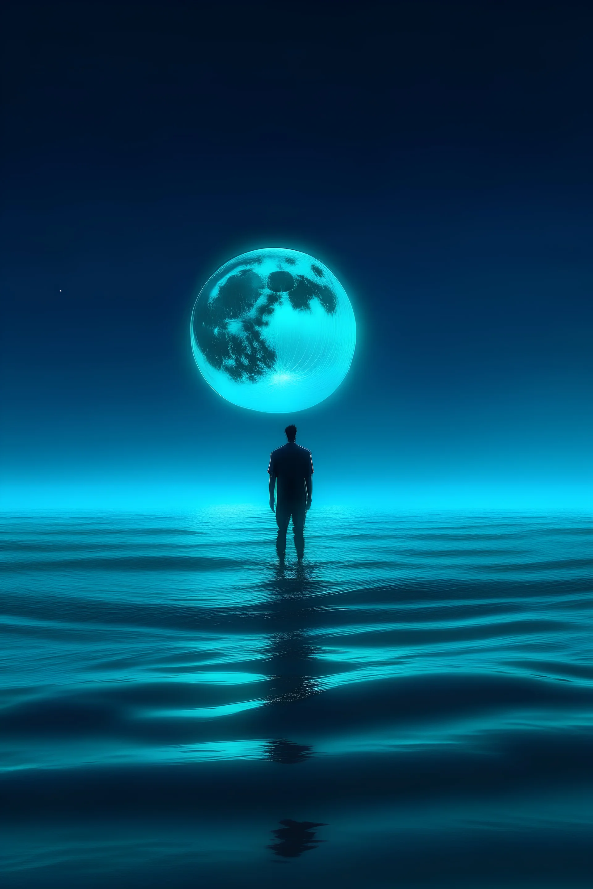 Man standing in the middle of the ocean with neon moon looking up and 8k photo