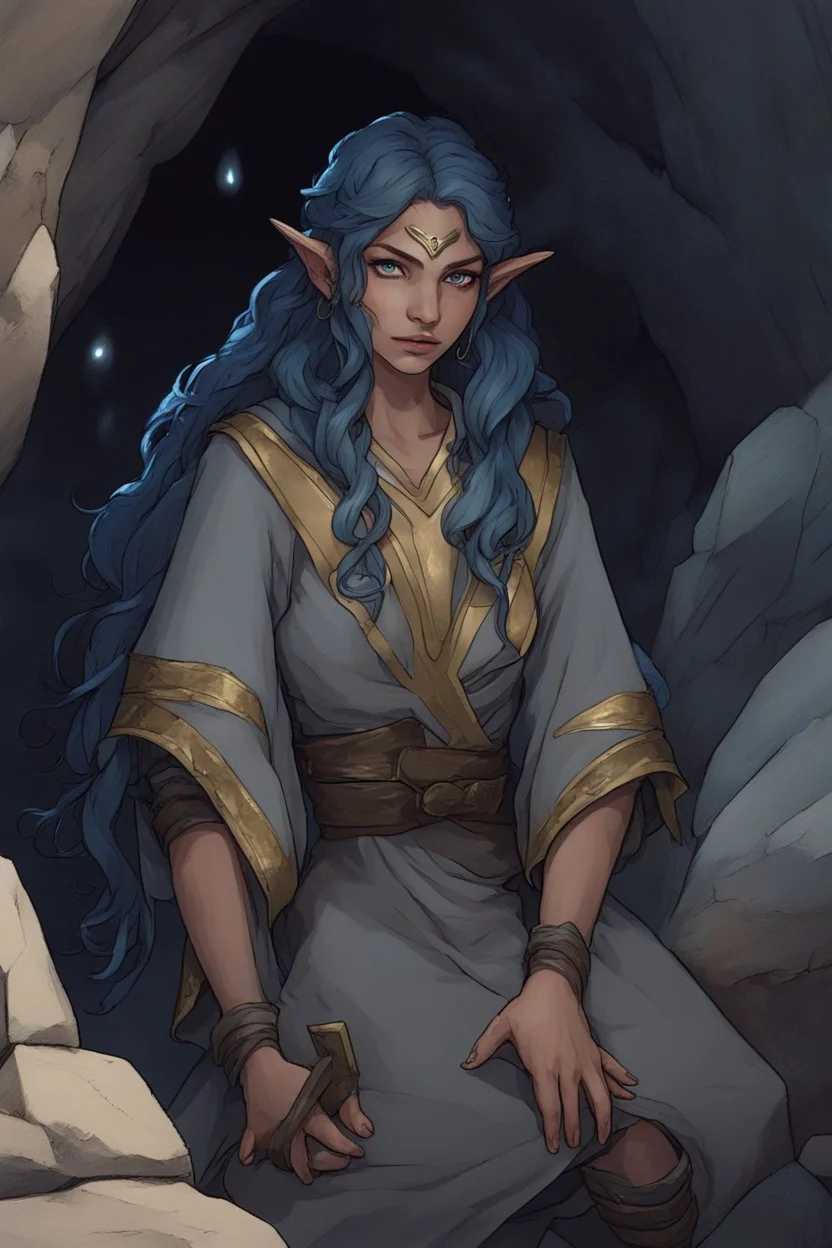 Dnd character on her knees in a cave. A female Elf twilight cleric with curly black and blue hair and golden eyes, wearing gray robes. Etheral, beautiful, strong.