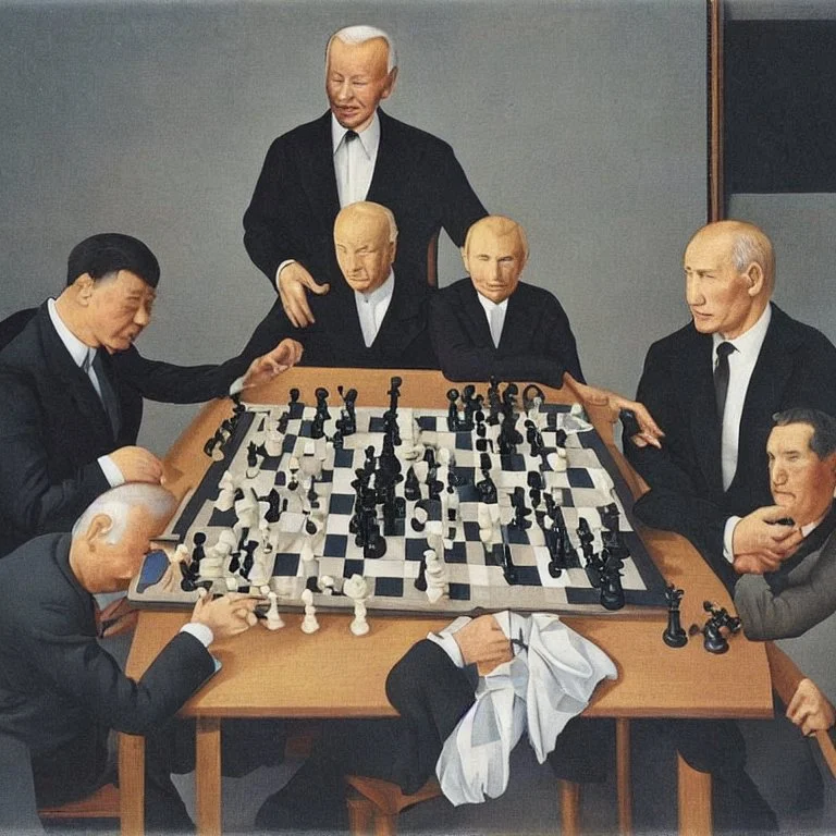 Putin, President Xi Of China And Joe Biden Play Chess With A Pigeon,Ufo,Complex Surgical Instruments,A Newborn Boy,Minimalism,Painting By ,Rene Magritte,Lucian Freud,Adrian Ghenie,Michelangelo,Salvador Dali,Pablo Picasso