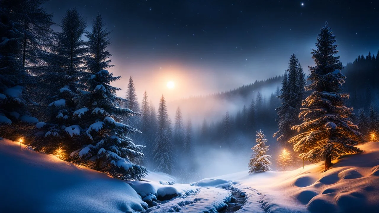 fir forrest scenery, heavy mist,valley,creek,forest,christmas ,tree,,nature,night,snow,fir tree,high-quality photograph,zeiss prime lens, bokeh , high detail, smooth render, unreal engine 5, dust effect, vivid colors,night