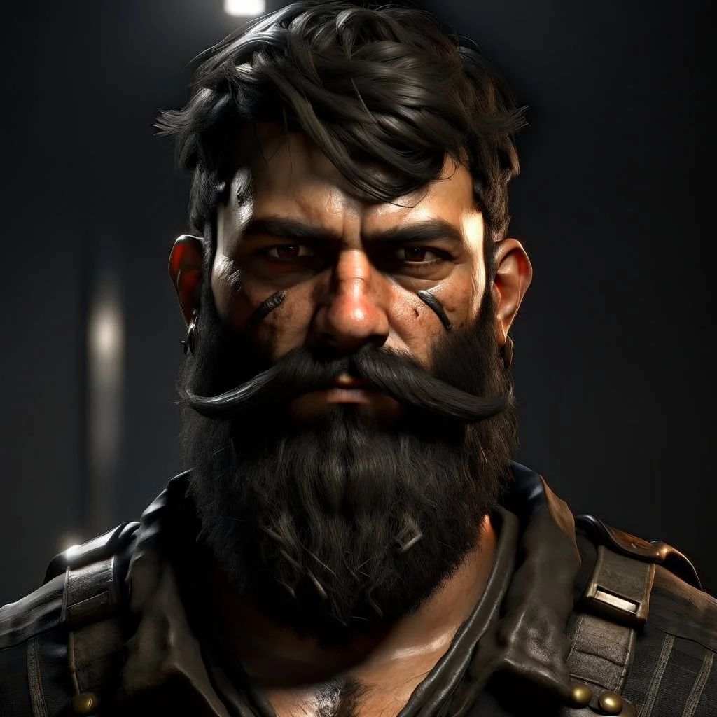 The large and furious black haired bearded badass factoryworker "Big K" grimdark realistic