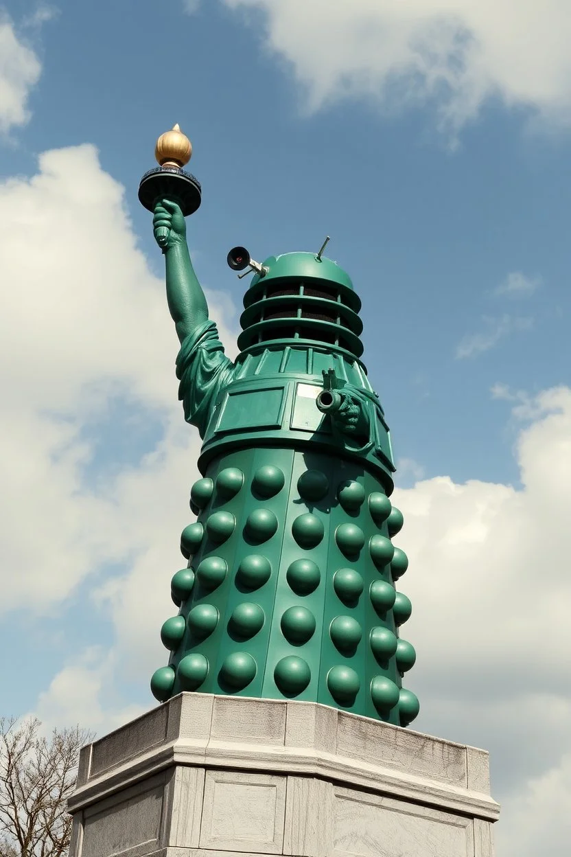 a Dalek dressed as the statue of liberty