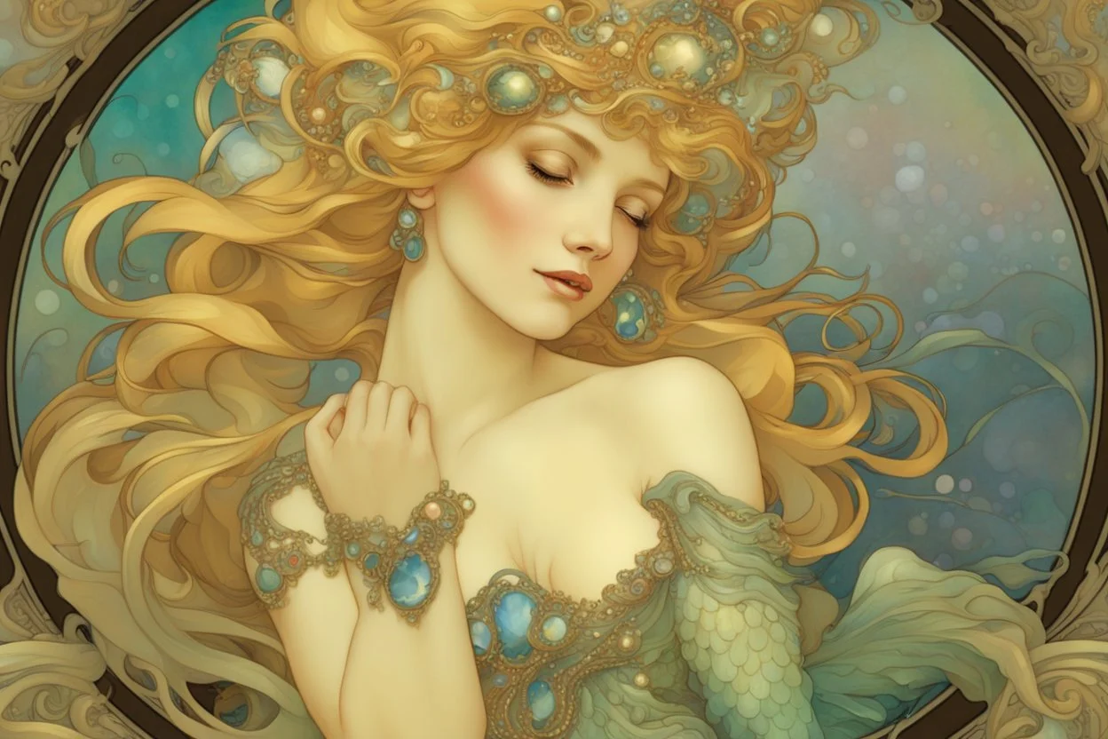 a beautiful mermaid with jewels elegant extremely detailed very attractive beautiful dynamic lighting colourful Alphonse Mucha