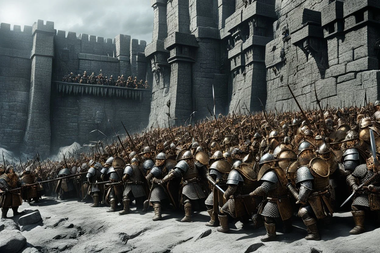 (photo of a movie by Ray Harryhausen) The image is a gritty, photorealistic scene of massive Dwarven defense walls under siege. A legion of stoic Dwarves, clad in heavy, articulated iron and gold armor, stand firmly atop the battlements, armed with intricate, glowing dwarven axes and powerful crossbows, actively firing and dropping heavy stones down upon attackers below. Their faces show fierce determination and concentration. (Environment & Setting) The fortress wall itself is colossal, carved