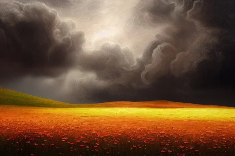 breathtaking oil painting with palette knife of a undulating landscape in luxurious nature, volumetric lighting, with intricate art nouveau moody dark tumultuous volumetric clouds, at dawn with roses and golden petals flying, rembrandt style, concept art, matte, by krista schumacher and georgia hart