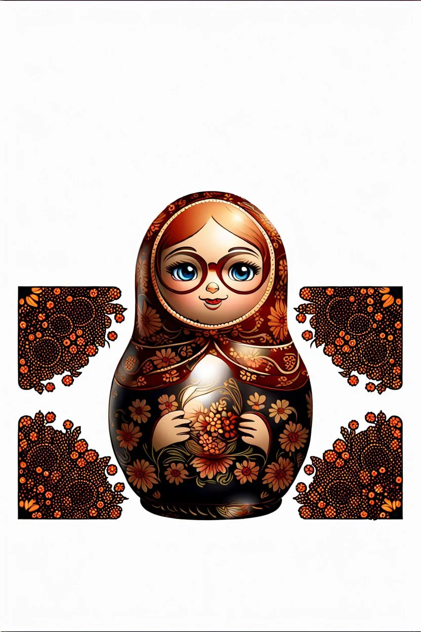 draw a matryoshka doll in the style of Khokhloma, the matryoshka is smiling, take the matryoshka dolls patterns from Khokhloma