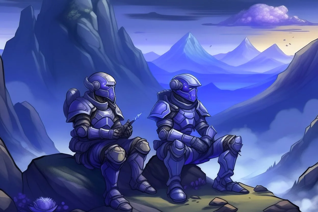 two medieval soldiers in armor sitting near rocks and smoking while looking at distant mountains with purple and blue distant mist and glowing mushrooms and plants around the soldiers