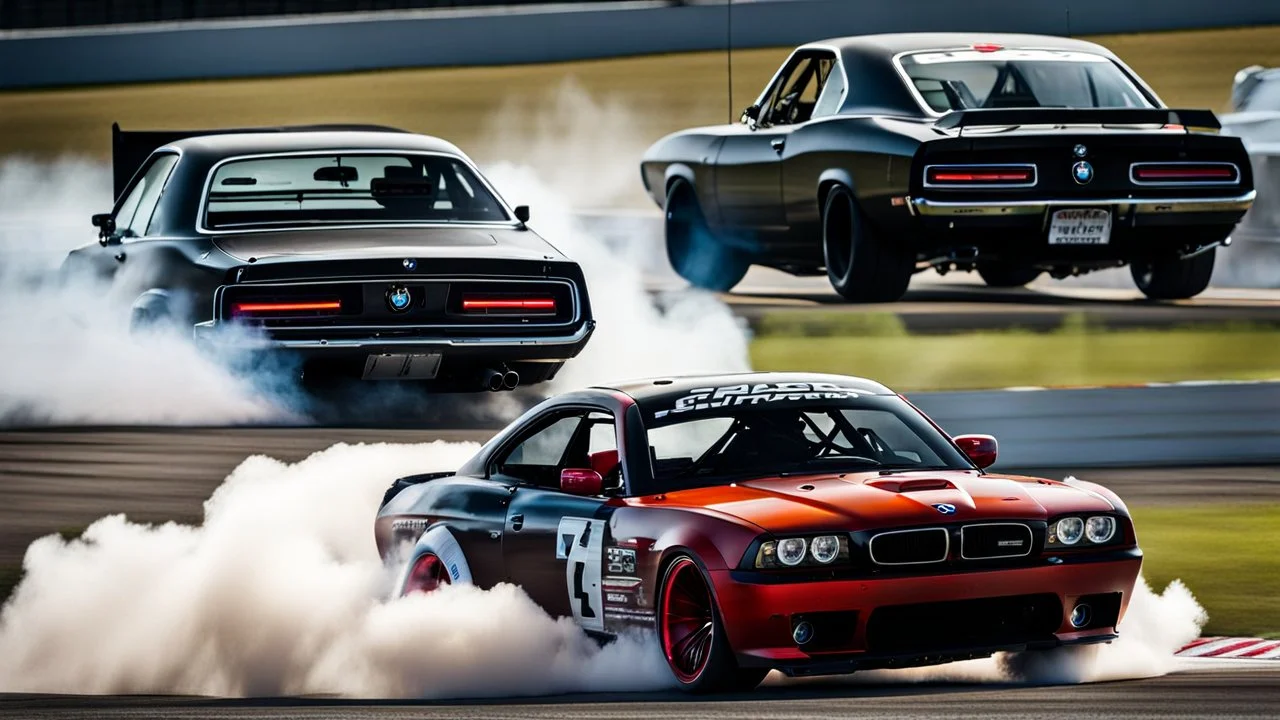 Black BMW and Dodge Charger SRT drifting in the white smoke, rear view, cinematic, luxurious --chaos 80 --ar 16:9 --style raw --stylize 700