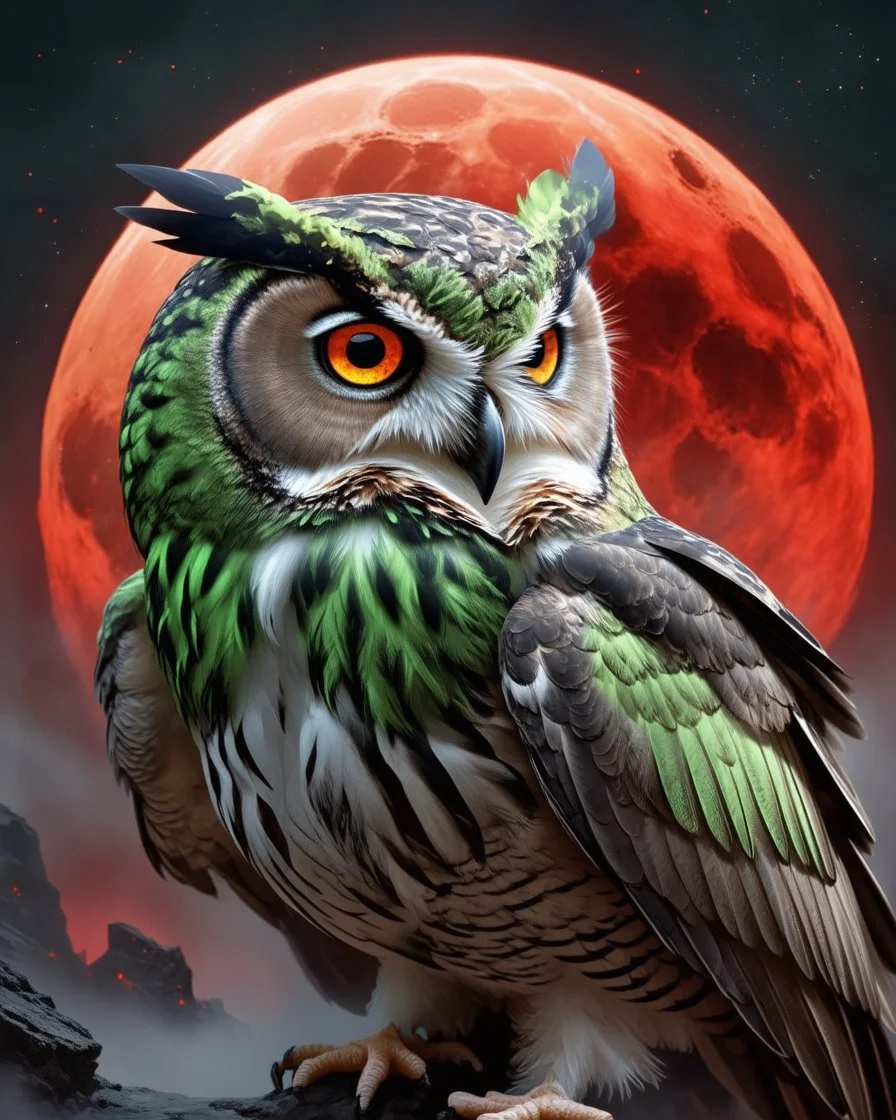 Owl design with ice, lava and starlight, iridescent wings under a molten lava blood red moon with eerie fog, the owl has green eyes 8k UHD Gothic fantasy art with splatter.