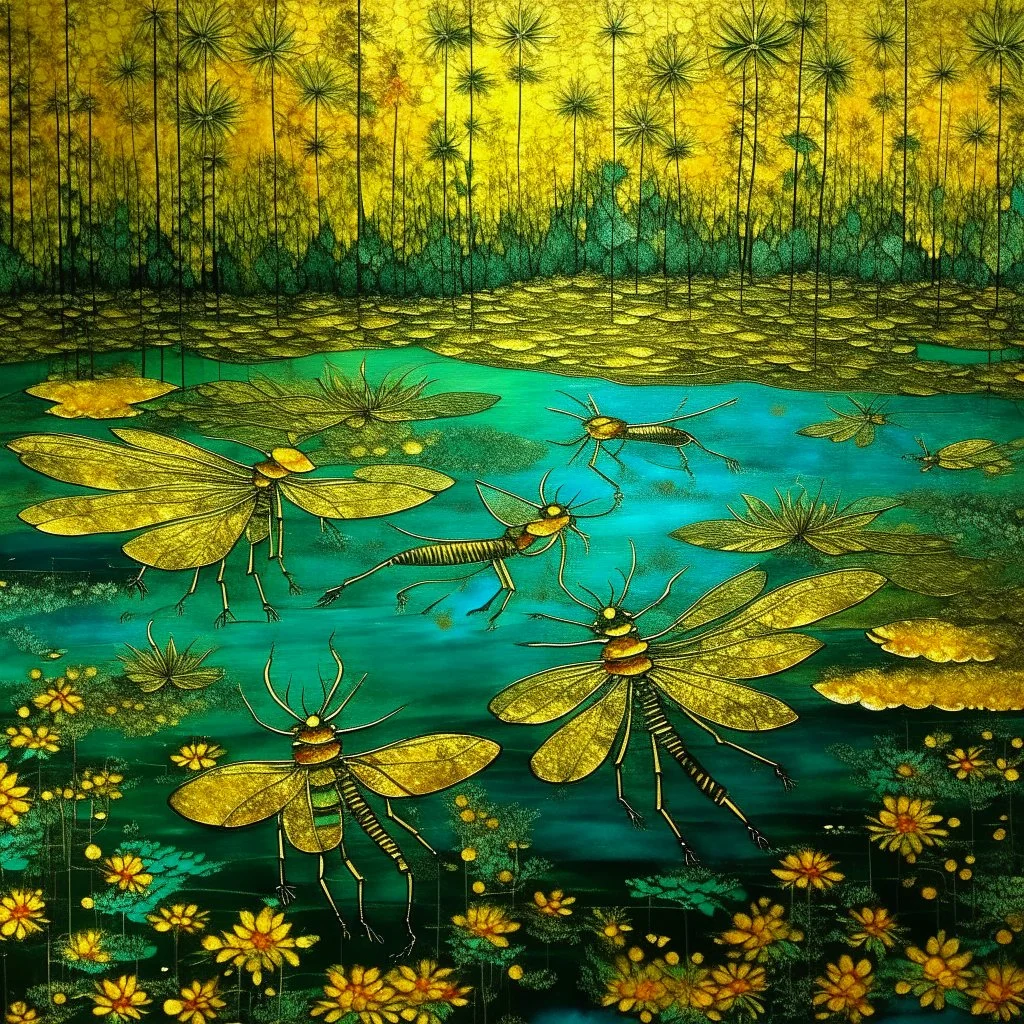 Gold wetlands with glowing and sparkling dragonflies designed in Moroccan rug art painted by Zhang Lu