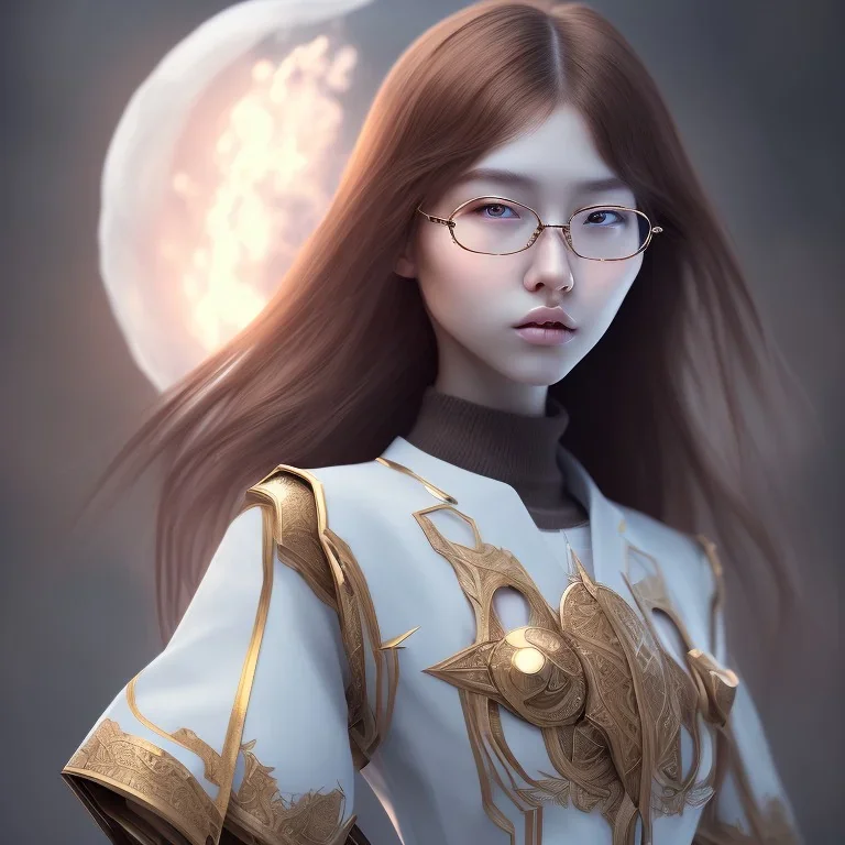 Korean gamer girl , long Brown hair, White headfone, hands on the Chen, round glasses ,elemental face, Unreal Engine 5, highly detailed, highest quality, digital painting, complex 3d render, unreal engine render, insane detail, intricate photograph quality, magnificent, majestic, highly intricate, Realistic photography, grand hall, wicked throne, holding scepter, crown of barbwire, dark color palette, metallic, highly detailed, highest quality, digital painting