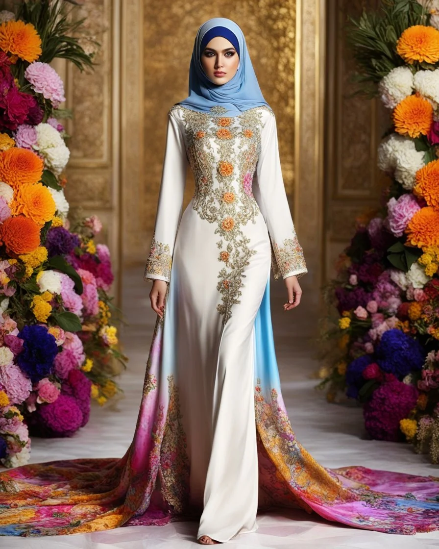 Full body Digital Photography art ,islamic fashion show cat walk gorgeous super model very beautiful woman iranian hijab ,dressing luxury design colorful clothes gown made of flowers ,full of various kinds of flowers,digital photo sharp colors