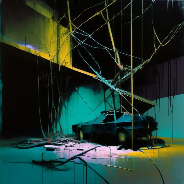 Minimal abstract oil painting of a car wreck limbs sinew. in concrete warehouse brutalist architecture and hanging wires illuminated at night. With triadic colours. In the style of Justin Mortimer and Phil Hale, Ashley Wood