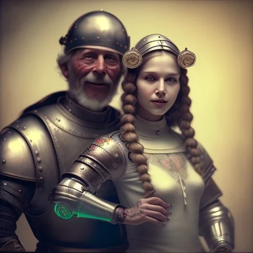 a cute smiling girl with her husband in medieval armor with a tattoo in her face, michelangelo oil painting, steam punk, scary, horror, realistic, made in octane, cinematic, ultra-realistic, extremely detailed octane rendering, 8K, VRAY Super Real ar 2:3, dof photorealistic futuristic 50mm lens hard lighting dark gray tintype photograph, realistic lighting, sephia colors