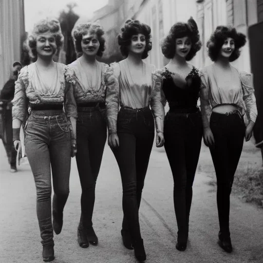 Four Ziegfeld Girls on jeans walking