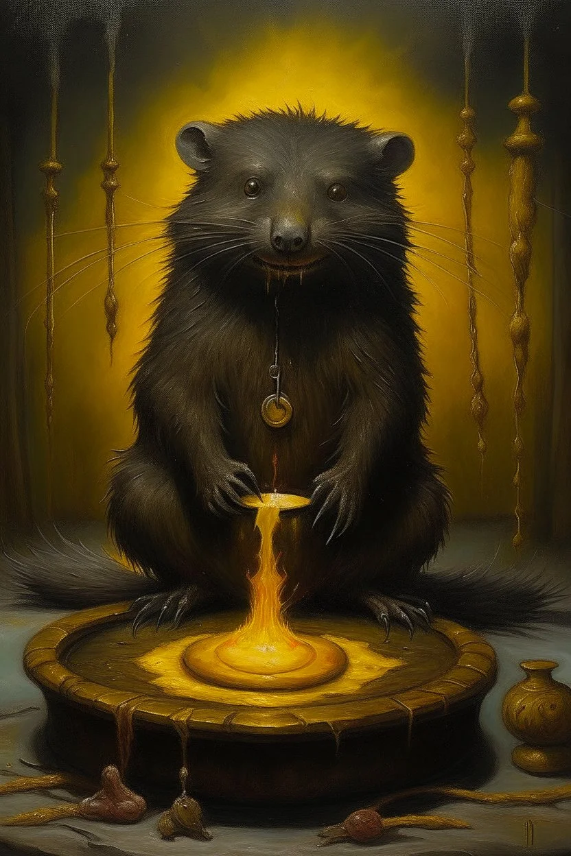 Living cauldron with yellow sigil, slightly demonic beaver oter in it, prize winning oil painting