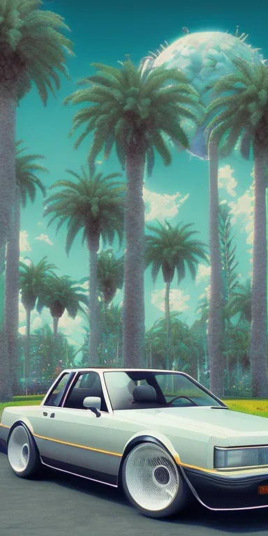 1980's aesthetic vaporwave palm trees with spheres and car