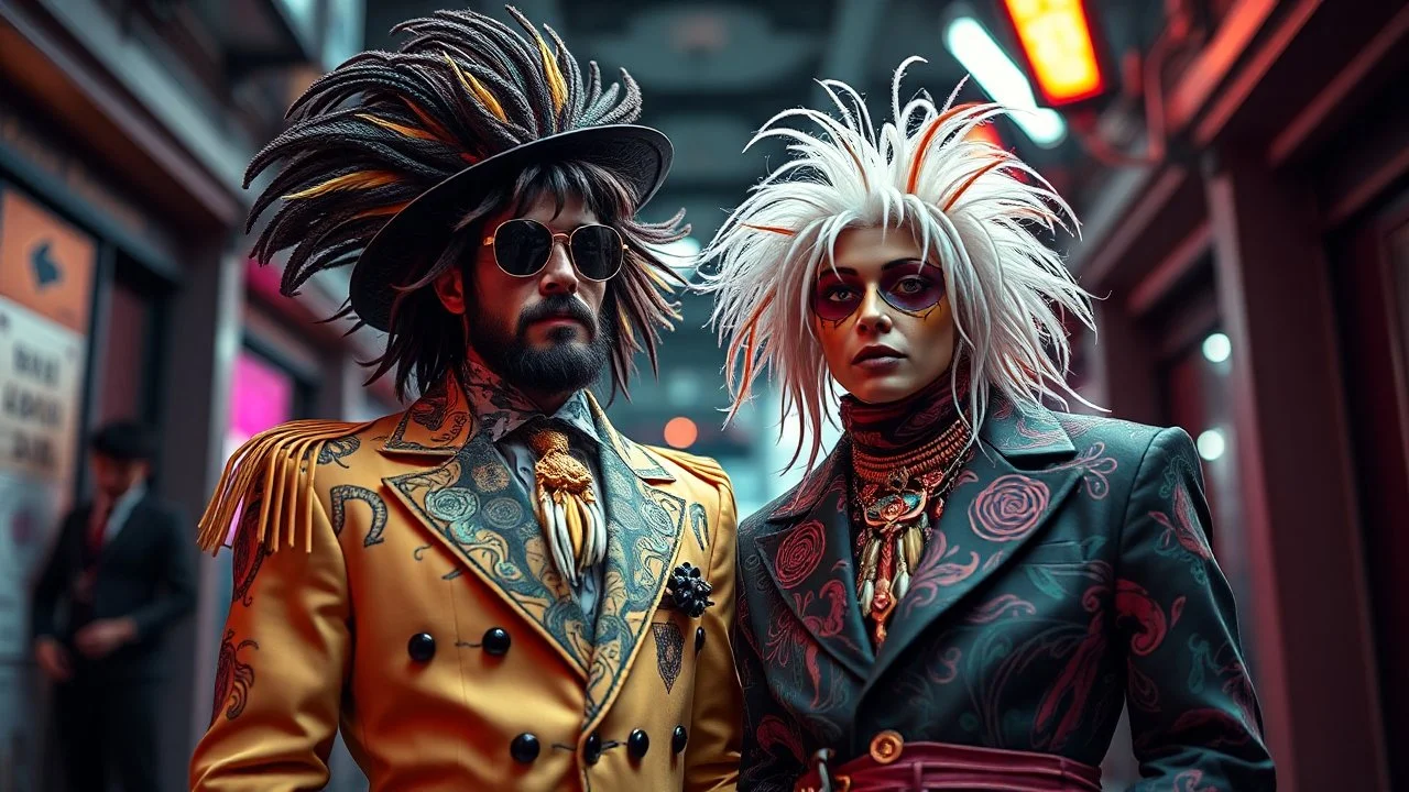 Nikon D850 with AF-S NIKKOR 24-70mm f/2.8E ED VR lens at f/5.6: [Two innovative friendly individuals wearing strange, suave, beautiful, fantasy fashionable clothing] in a [parallel universe], showcasing [full-height figures from head to foot with intricate details], [vibrant colors and deep shadows], creating [a surreal and captivating atmosphere with precise textures and anatomy]. focus peaking enabled, Nikon Picture Control with enhanced color grading.