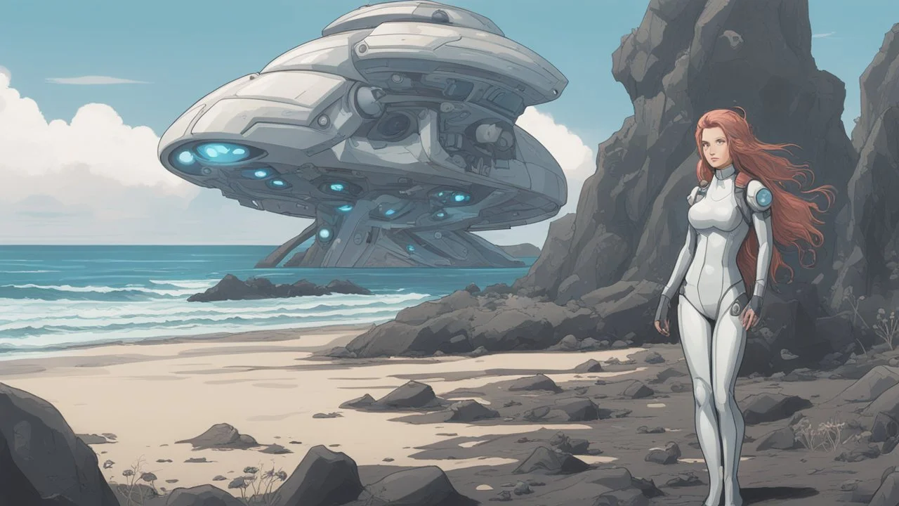 A long-haired woman in a robotic-looking catsuit standing on a beach of a rocky landscape with flying mushrooms with jellyfish tentacles and a crashed spaceship in the distance, with a forest beyond