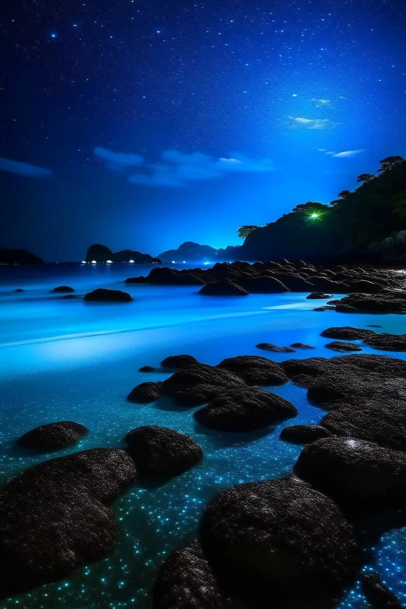 The beach of the island of Leela its waters are full of blue stars illuminated by blue light