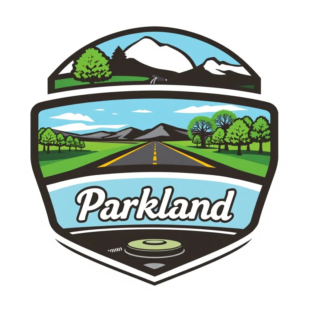 logo for a shop that installs tires and does oil changes, top has elements of beautiful park highway drive on flat land with elm and poplar trees, bottom shows the engine under car hood. on windshield is written "Parkland", all inside a shield shape with squared top and rounded bottom, in the style of national parks stickers