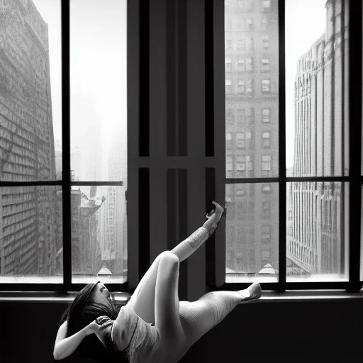 a woman falling out from a window, downtown new york, dramatic, dramatic lighting, volumetric lighting, hyperrealism, 8k, high quality, photorealistic, lot of details