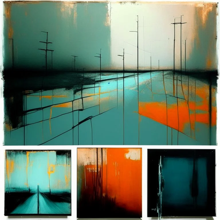 Minimal abstract oil paintings of a desolate 1960. Orange wires. On the floor are concrete fragments and road markings . In the dark mysterious style of Justin Mortimer and Francis Bacon. Triadic colours