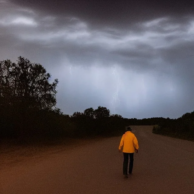 A man walking on the moon during a thunderstorm