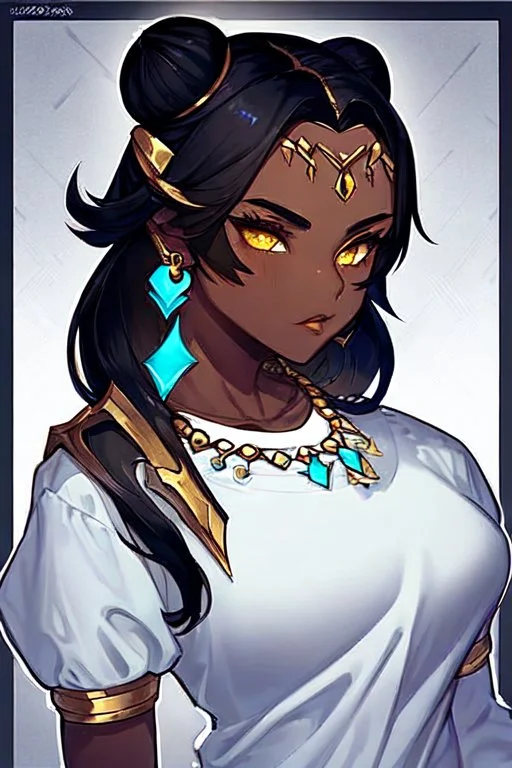 arcane animation series style, league of legends, Solo, 1girl, attractive teenager, african, dark skin, golden eyes, black hair, pair buns, forehead bangs colored in violet, necklace, earrings, modern makeup, (detailed skin texture), white oversize shirt