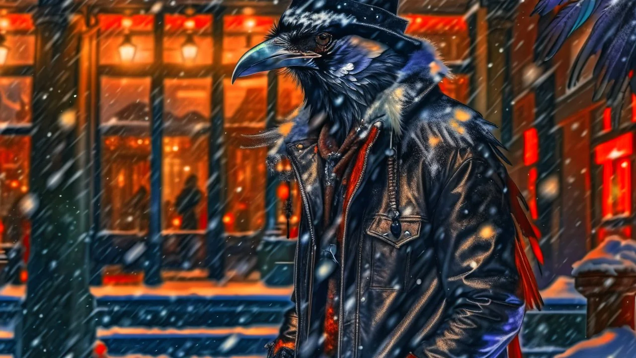 Capture a compelling image of a crow adorned in a punk leather jacket within a snowy Christmas atmosphere in the style of Egon Schielle. Embrace a expressionist style that accentuates the unique fusion of the edgy leather jacket and the holiday charm. Ensure the composition highlights the crow's distinct presence against the backdrop of a winter Christmas ambiance, creating a visually captivating scene.