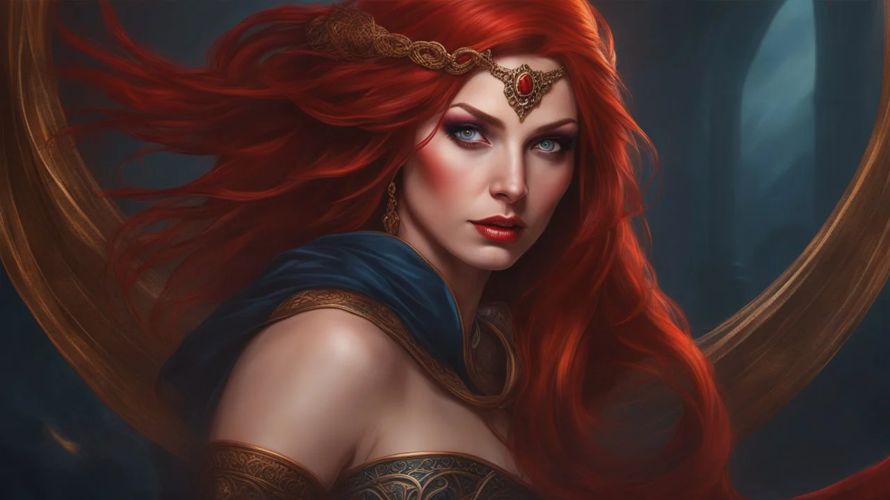 40 year old female sorcerer. Dressed in blood red small wicked weasel . Copper red hair. Perfect dark blue eyes. no jewelry. seductive. Hyperrealistic, splash art, concept art, mid shot, intricately detailed, color depth, dramatic, 2/3 face angle, side light, colorful background. Painted by Anne Stokes.