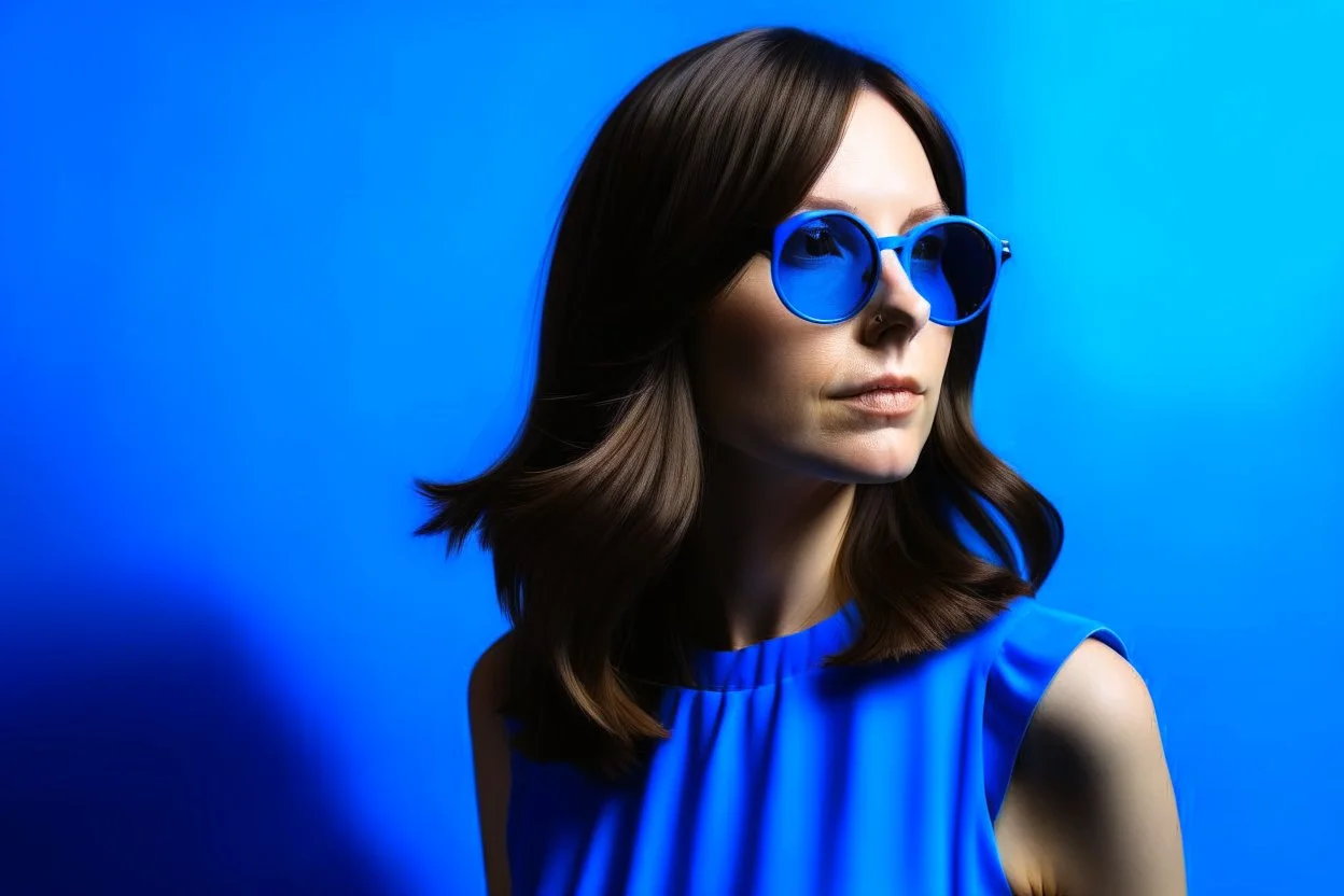 advertising photography, plain blue background, pop style photography, woman in blue dress, brunette, round sunglasses, real photography, 16K, shot with Leica camera, 35 mm lens, indirect lighting,