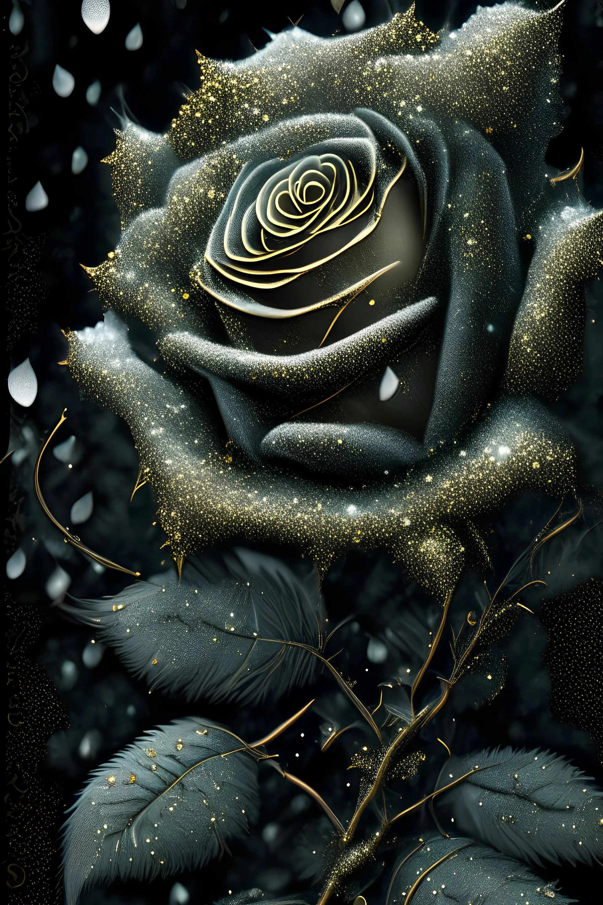 A frosty black rose portrait with Golden filigree rococ embossed floral lace effect ornated peatals and leaves ribbed with textured green zafire white frost and wite glitter and Golden dust organic bio spinal ribbed detail of bokeh lights background and frosty winter background extremely detailed hyperrealistic maximálist concept art