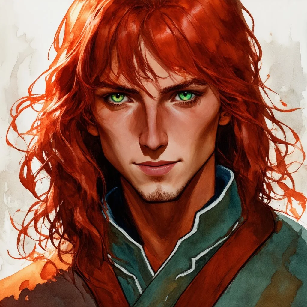 dnd, fantasy, watercolour, stylistic, portrait, illustration, dull colours, male, face, narrow face, green eyes, determined, happy, red hair, very long hair streaming down the shoulders, radiating light, five o'clock shadow