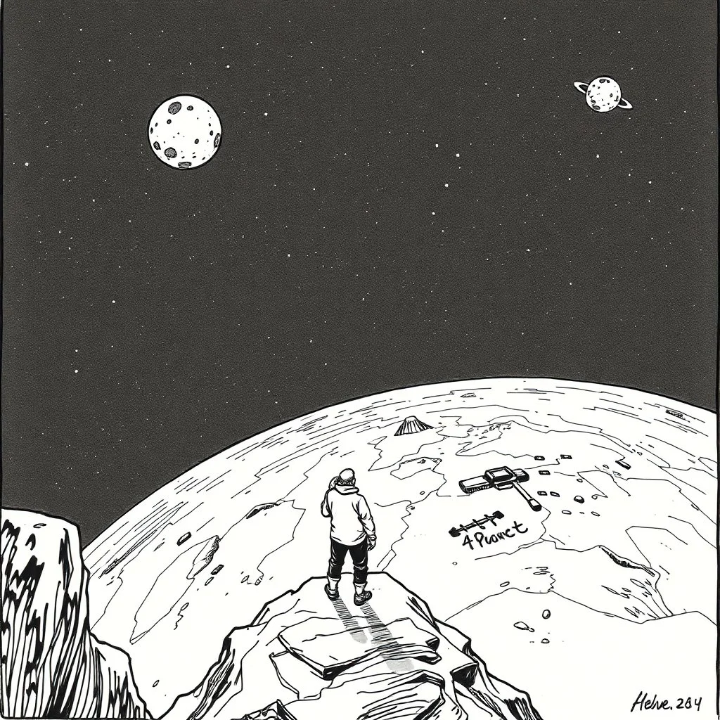 a alone man. pen and ink, birds eye view, illustrated by hergé, Background space and earth