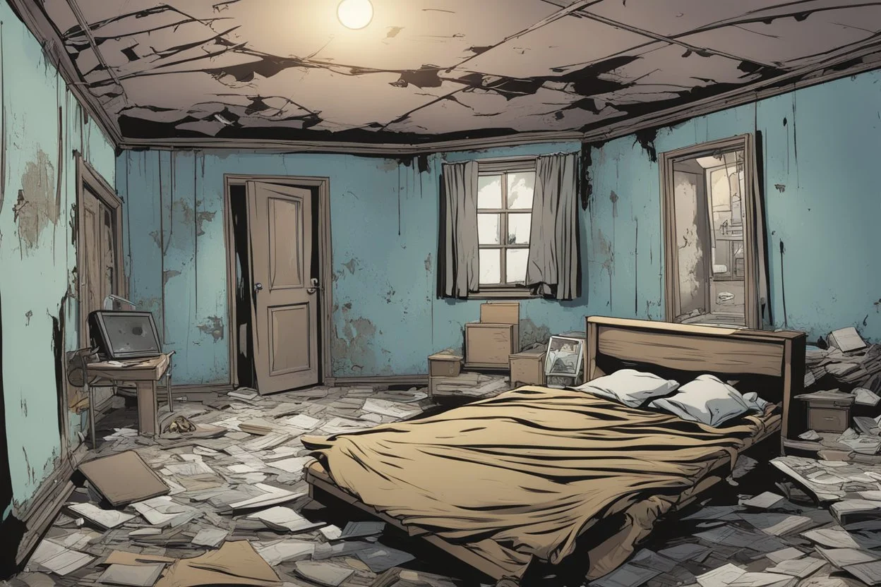 interior house, dilapidated apocalyptic, background, comic book,