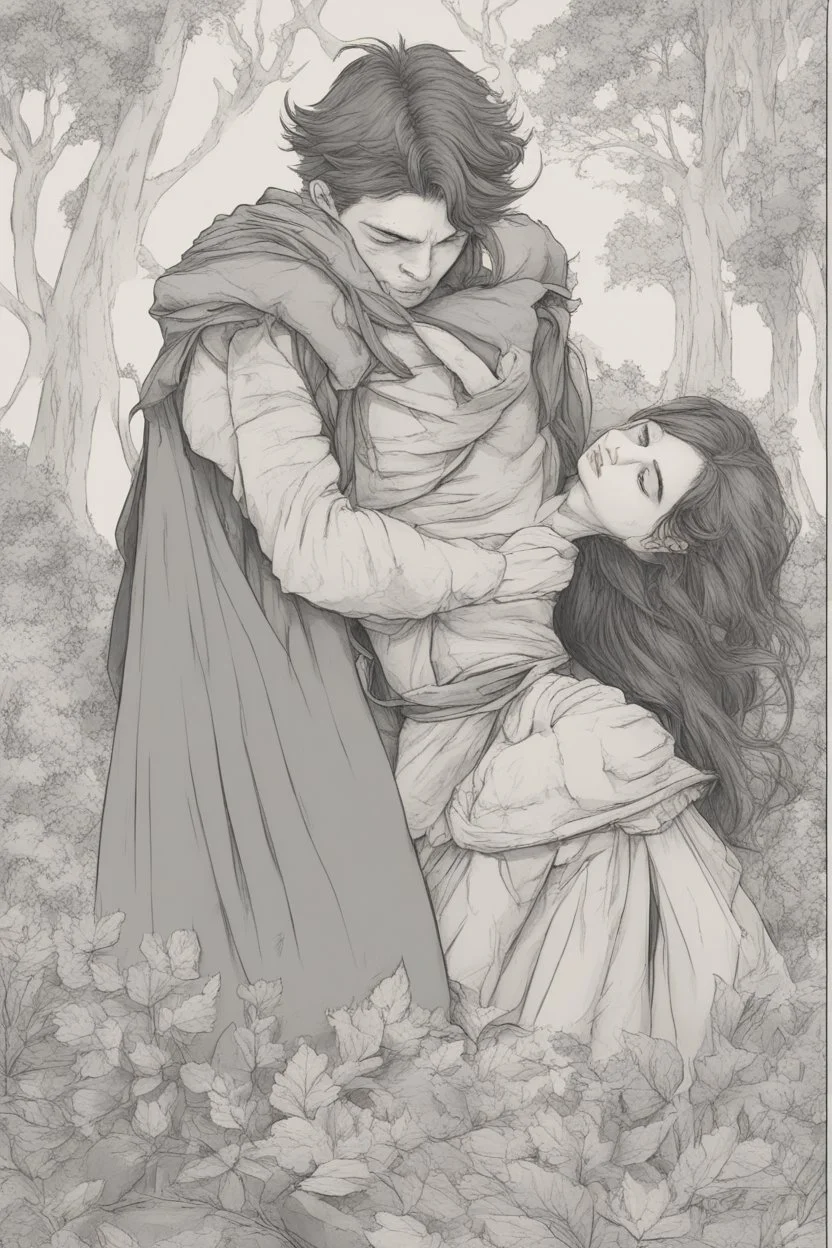 Dnd style, woman being hugged from behind by a young man