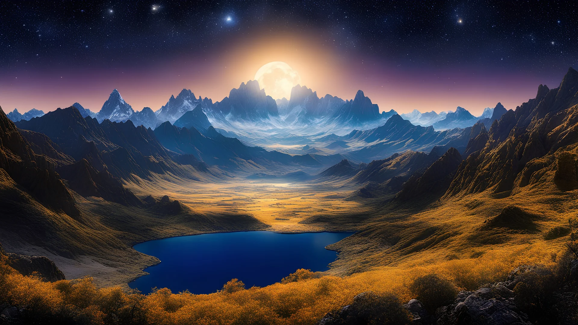 A dreamy night with stardust by Al Williamson, (panoramic , artstyle-art deco but extremely beautiful:1.4), (intricate details, masterpiece, best quality:1.4) Terragen, beautiful massive landscape, epic scenery, Terragen, looking at viewer