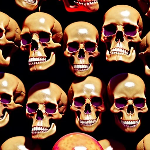 a picture of a dark, comedic, anatomically correct wall of colorful tightly packed skulls of varying sizes and expressions, photo realistic, insanely meticulous, highly detailed, part of a collection of bones on display, 64k, dystopian, vray