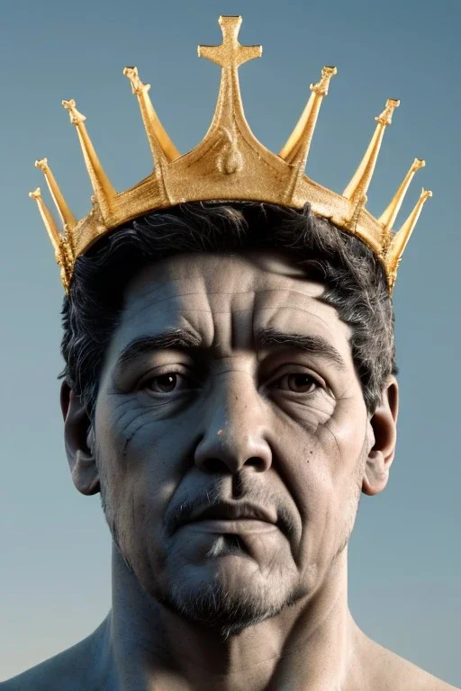 Ultra Realistic image, classic sculpture, white marble material, Maradona, gold crown of natural thorns, god crown, gold veins, gold ornaments, sun rays background, waist up portrait, epic, celestial, cinematic lighting, God lights, 4k resolution, smooth details, soft lighting, unreal engine 5, art station, substance 3d.