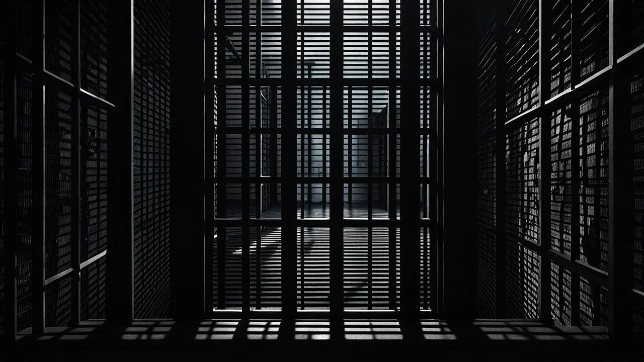 close up parallel prison window bars in foreground, dark prison cell behind them, hidden dark human face partially visible through the window bars, pale light, shadows in background, ultra realistic, dark atmosphere, high contrast shadows, dark vibe