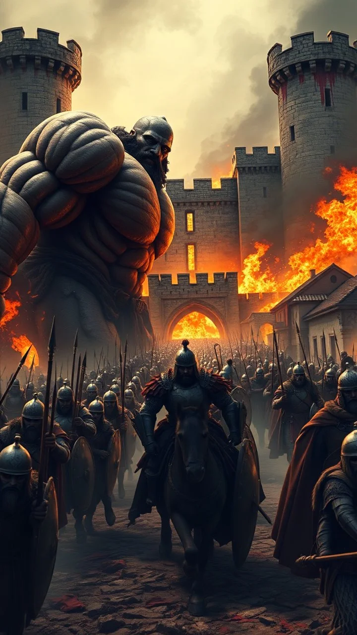 Huge muscles giant leading a an old army toward a big castle how is set on fire in a bloody war at scene
