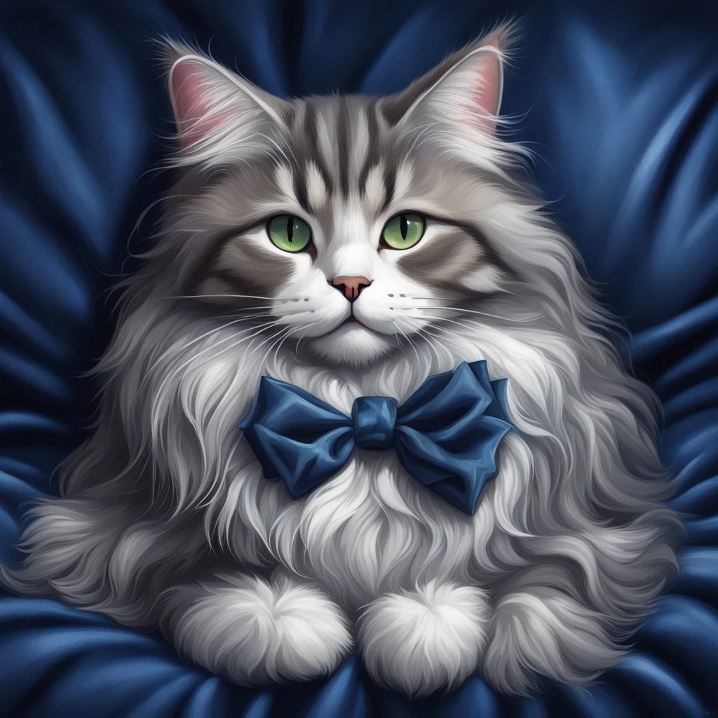 A Main Coon cat gray and white on a midnight blue velvet pillow and wearing a berry bow around her neck. Illustrative art, art interpretation, concept art, cgsociety contest winner, seasonal art, seasonal art HD, 4k, 8k, intricate, detailed, intricately detailed, luminous, translucent fantasy crystal, holographic data, soft body, shadow play, light, fog, atmospheric, cinematic, light film, hyper-detailed, hyper-realistic, masterpiece, atmospheric, high resolution, 8k, HDR, 500px, mysterious and